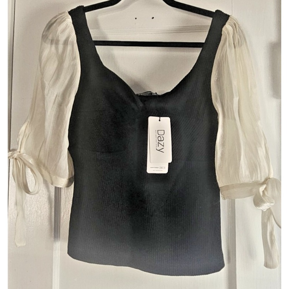NWT DEZY Womens XL black ribbed knit top sheer cream tie puff elbow sleeve